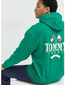 Bavlnená mikina Tommy Jeans pánska, zelená farba, s kapucňou, s potlačou