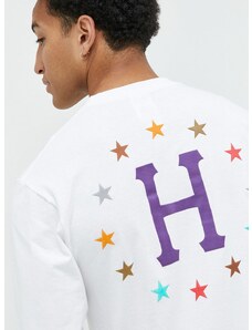 Bavlnené tričko s dlhým rukávom HUF biela farba, s potlačou