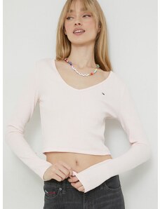 Tričko s dlhým rukávom Tommy Jeans dámsky, ružová farba, DW0DW14278