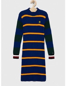 Dievčenské šaty s prímesou vlny Tommy Hilfiger tmavomodrá farba, midi, priliehavá