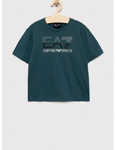 Detské bavlnené tričko EA7 Emporio Armani zelená farba, s potlačou