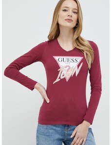 Bavlnené tričko s dlhým rukávom Guess bordová farba