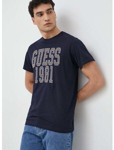 Bavlnené tričko Guess tmavomodrá farba, s nášivkou