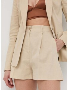 Ľanové šortky Pinko dámske, béžová farba, jednofarebné, vysoký pás