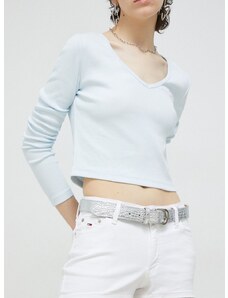 Rifľové krátke nohavice Tommy Jeans dámske, biela farba, jednofarebné, stredne vysoký pás