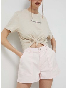 Šortky Tommy Jeans dámske, ružová farba, jednofarebné, vysoký pás