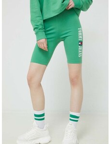 Šortky Tommy Jeans dámske, zelená farba, s nášivkou, vysoký pás