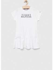 Dievčenské bavlnené šaty Tommy Hilfiger biela farba, mini, rovný strih