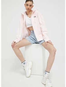 Bavlnená mikina Tommy Jeans dámska, ružová farba, s kapucňou, jednofarebná