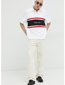 Bavlnené polo tričko Tommy Jeans béžová farba, vzorované