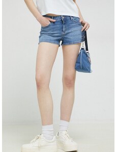 Rifľové krátke nohavice Tommy Jeans dámske, jednofarebné, stredne vysoký pás