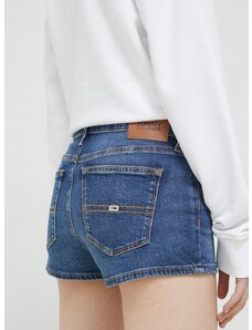 Rifľové krátke nohavice Tommy Jeans dámske, tmavomodrá farba, jednofarebné, stredne vysoký pás
