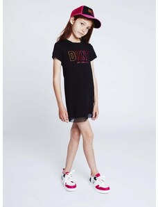 Dievčenské bavlnené šaty Dkny čierna farba, mini, rovný strih