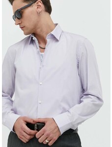 Bavlnená košeľa HUGO pánska, fialová farba, slim, s klasickým golierom