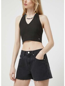 Rifľové krátke nohavice Tommy Jeans dámske, čierna farba, jednofarebné, vysoký pás