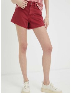 Rifľové krátke nohavice Levi's dámske, červená farba, jednofarebné, vysoký pás