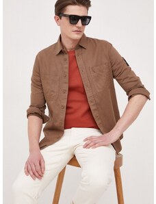 Košeľa s prímesou ľanu Calvin Klein Jeans hnedá farba, regular, s klasickým golierom