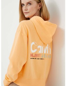 Bavlnená mikina Calvin Klein Jeans dámska, oranžová farba, s kapucňou, s potlačou