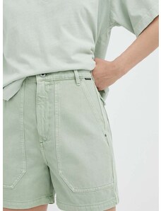 Rifľové krátke nohavice G-Star Raw dámske, zelená farba, jednofarebné, vysoký pás