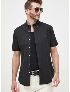 Košeľa Polo Ralph Lauren pánska, čierna farba, slim, s golierom button-down