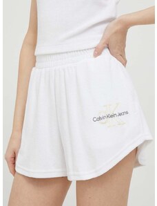 Šortky Calvin Klein Jeans dámske,biela farba,s potlačou,vysoký pás,J20J221304