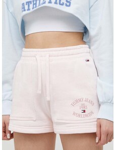 Bavlnené šortky Tommy Jeans ružová farba, s potlačou, vysoký pás