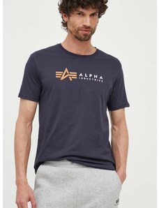 Bavlnené tričko Alpha Industries 118502.07-navy, tmavomodrá farba, s potlačou, 118502 07