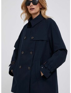Kabát Tommy Hilfiger dámsky, tmavomodrá farba, prechodný, dvojradový