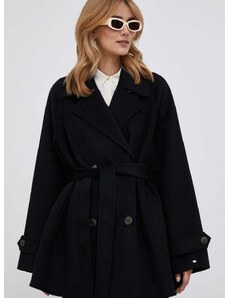 Vlnený kabát Tommy Hilfiger čierna farba, prechodný, oversize