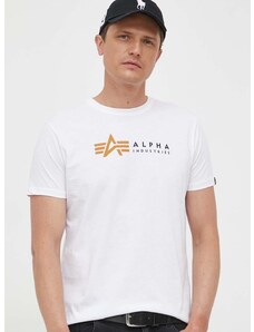 Bavlnené tričko Alpha Industries Label T 118502.09-white, biela farba, s potlačou, 118502 09
