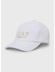 Bavlnená čiapka EA7 Emporio Armani biela farba, s nášivkou