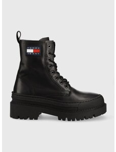 Kožené workery Tommy Jeans Lace Up Boot dámske, čierna farba, na platforme,
