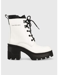 Kožené členkové topánky Calvin Klein Jeans Chunky Heeled Boot Laceup dámske, biela farba, na podpätku,