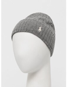 Vlnená čiapka Polo Ralph Lauren šedá farba, z tenkej pleteniny, vlnená