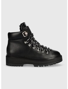 Členkové topánky Tommy Hilfiger Leather Outdoor Flat Boot dámske, čierna farba, na platforme, jemne zateplené