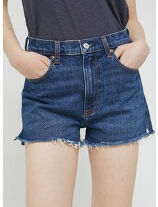 Rifľové krátke nohavice Abercrombie & Fitch dámske, tmavomodrá farba, jednofarebné, vysoký pás