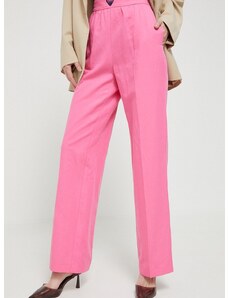 Nohavice s prímesou ľanu Love Moschino ružová farba, rovné, vysoký pás