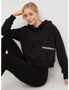 Mikina New Balance dámska, čierna farba, s kapucňou, s potlačou