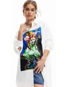 Bavlnená košeľa Desigual dámska, biela farba, voľný strih, s klasickým golierom