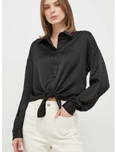 Košeľa Guess BOWED JUN dámska, čierna farba, voľný strih, s klasickým golierom, W3GH93 WD8G2