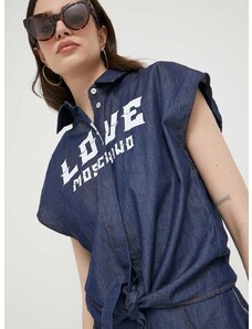 Bavlnená košeľa Love Moschino dámska, tmavomodrá farba, voľný strih, s klasickým golierom