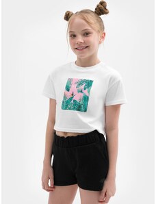 4F Dievčenské crop top tričko s potlačou