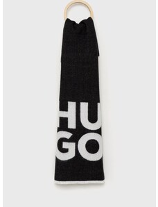 Vlnený šál HUGO čierna farba, s potlačou