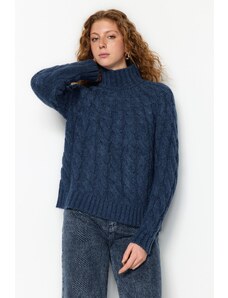 Trendyol Navy Blue mäkké textúrované vrkoče sveter sveter