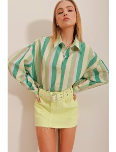 Trend Alaçatı Stili Women's Green Striped Poplin Crop Shirt