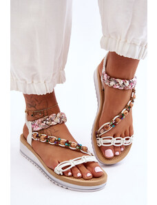 Basic Biele módne klinové sandále s kamienkami a korálkami