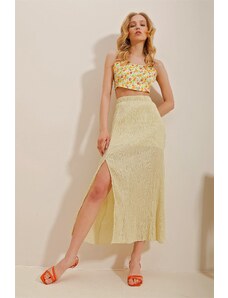 Trend Alaçatı Stili Dámska béžová vzorovaná tylová šifónová sukňa s rozparkom