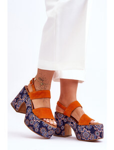 Basic Semišové oranžové sandále na masívnej kvetinovej platforme