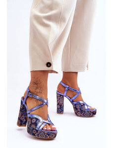 Maciejka Modré kožené kvetinové sandále na vysokom podpätku