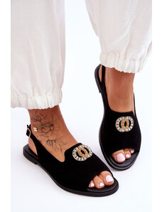 Basic Čierne semišové kožené sandále so zdobením s kamienkami